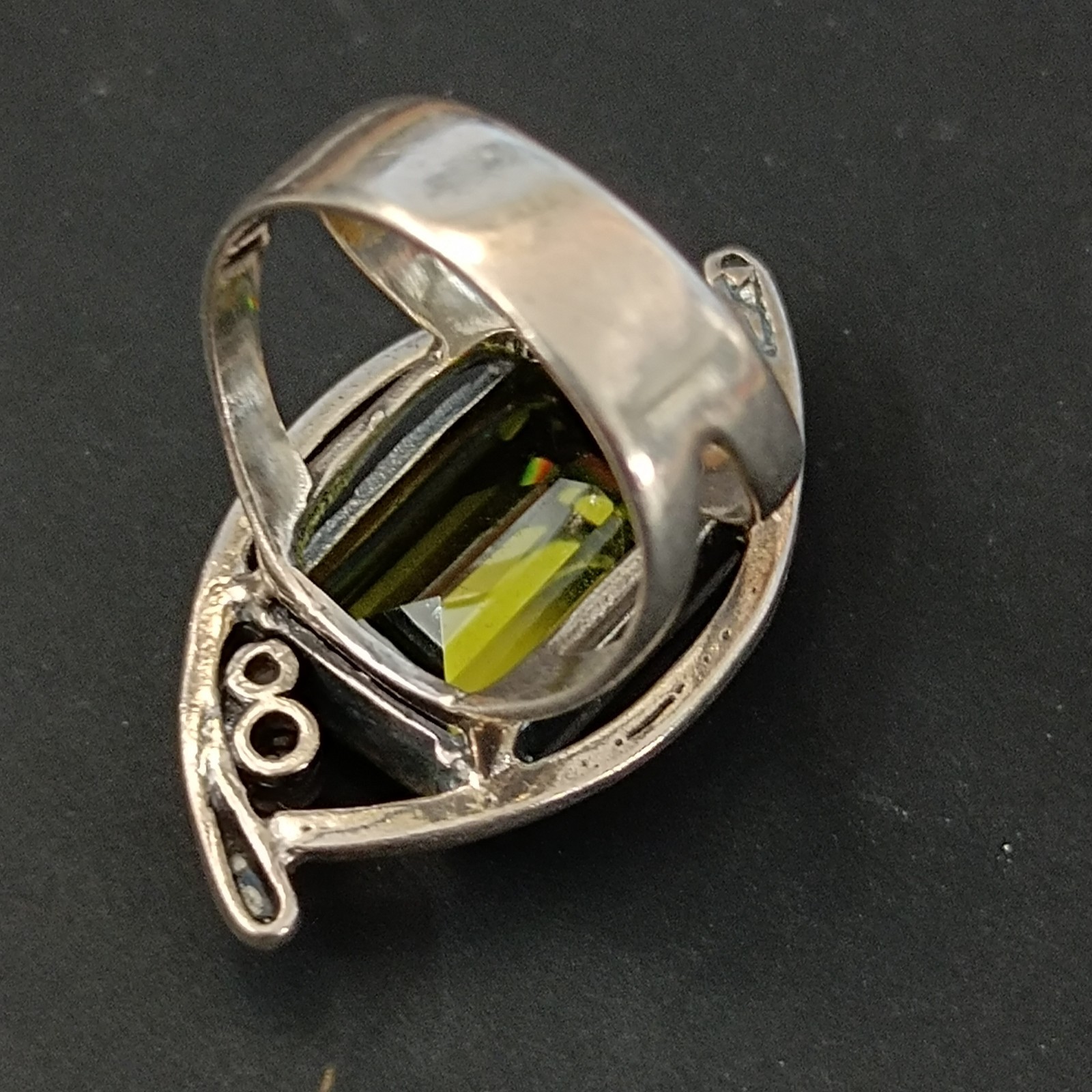Modernist Statement Ring Sterling Silver Olive Green Stone Rolled Gold Cocktail