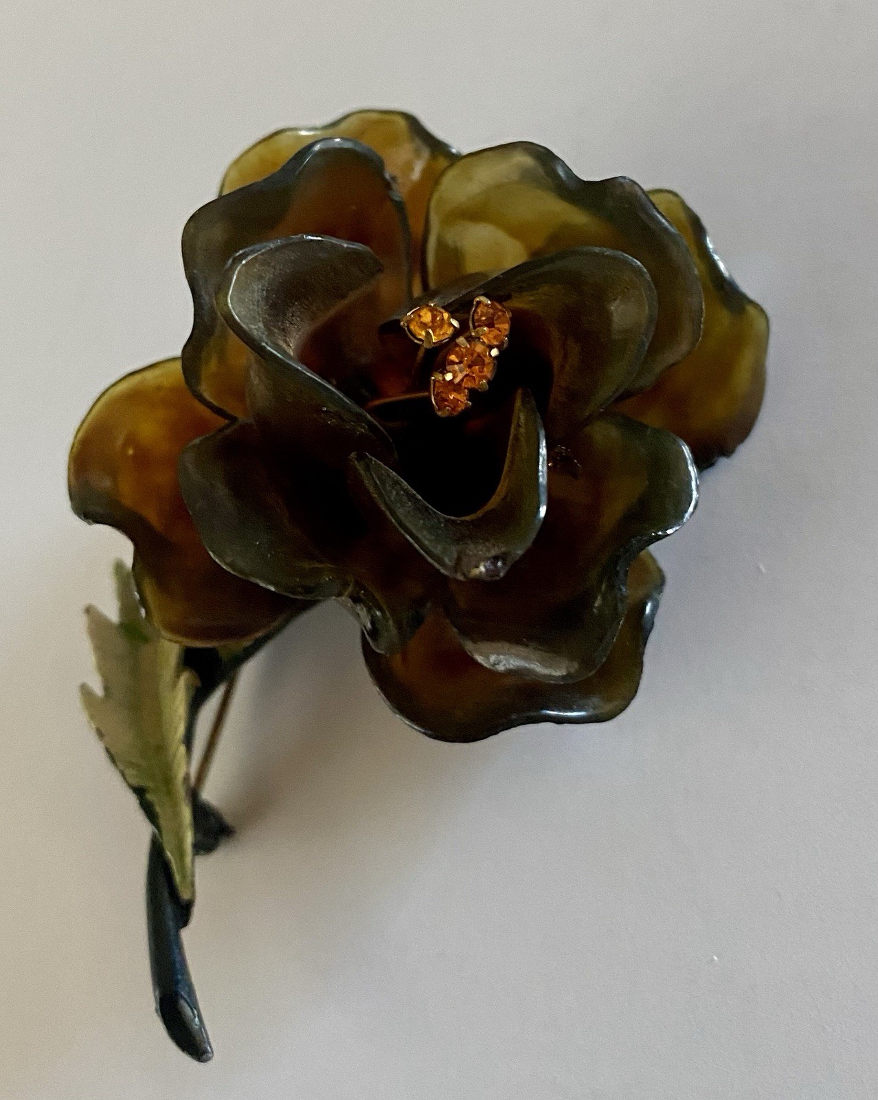 Amber Cellulose Acetate Flower Brooch With Orange Rhinestones 1960’s – 3”x 2”