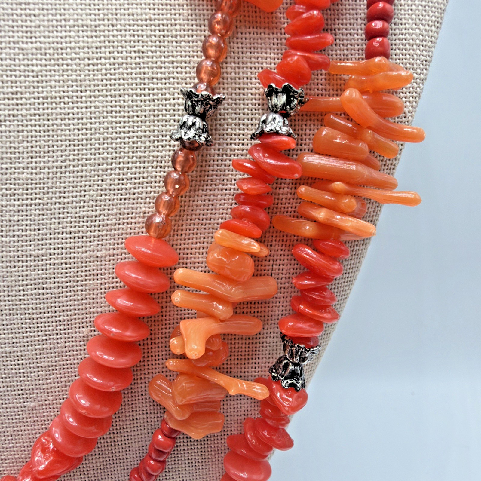 Vintage Faux Coral Necklace Orange Acrylic & Lucite Multi Strand Size 28.5”