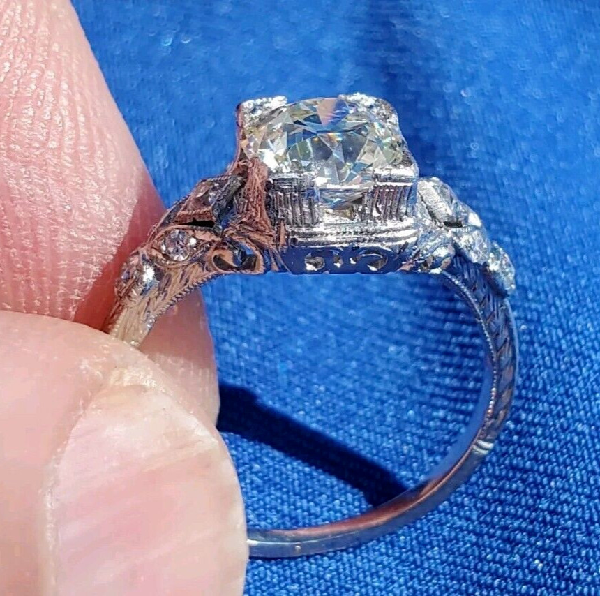 Original EARTH MINED DIAMOND Deco Engagement Ring 1.5 Antique Platinum Solitaire