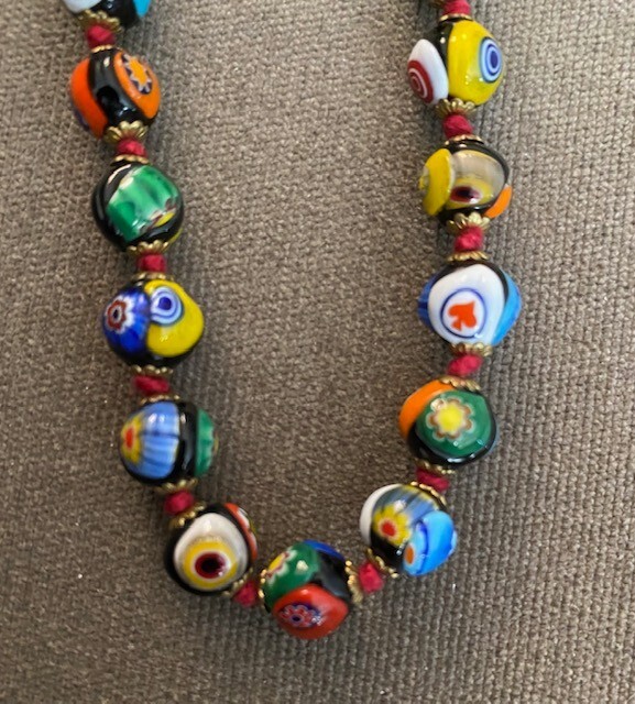 Murano Millefiori Necklace Glass Beads Barrel Clasp Hand Knotted Necklace 25 In 