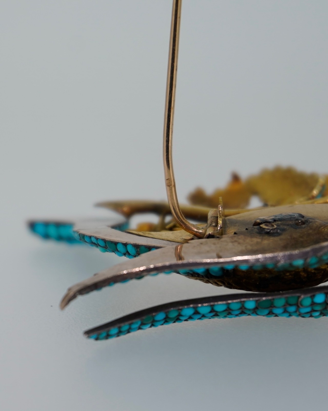 Antique 18K Pave Turquoise & Ruby French Bird Brooch