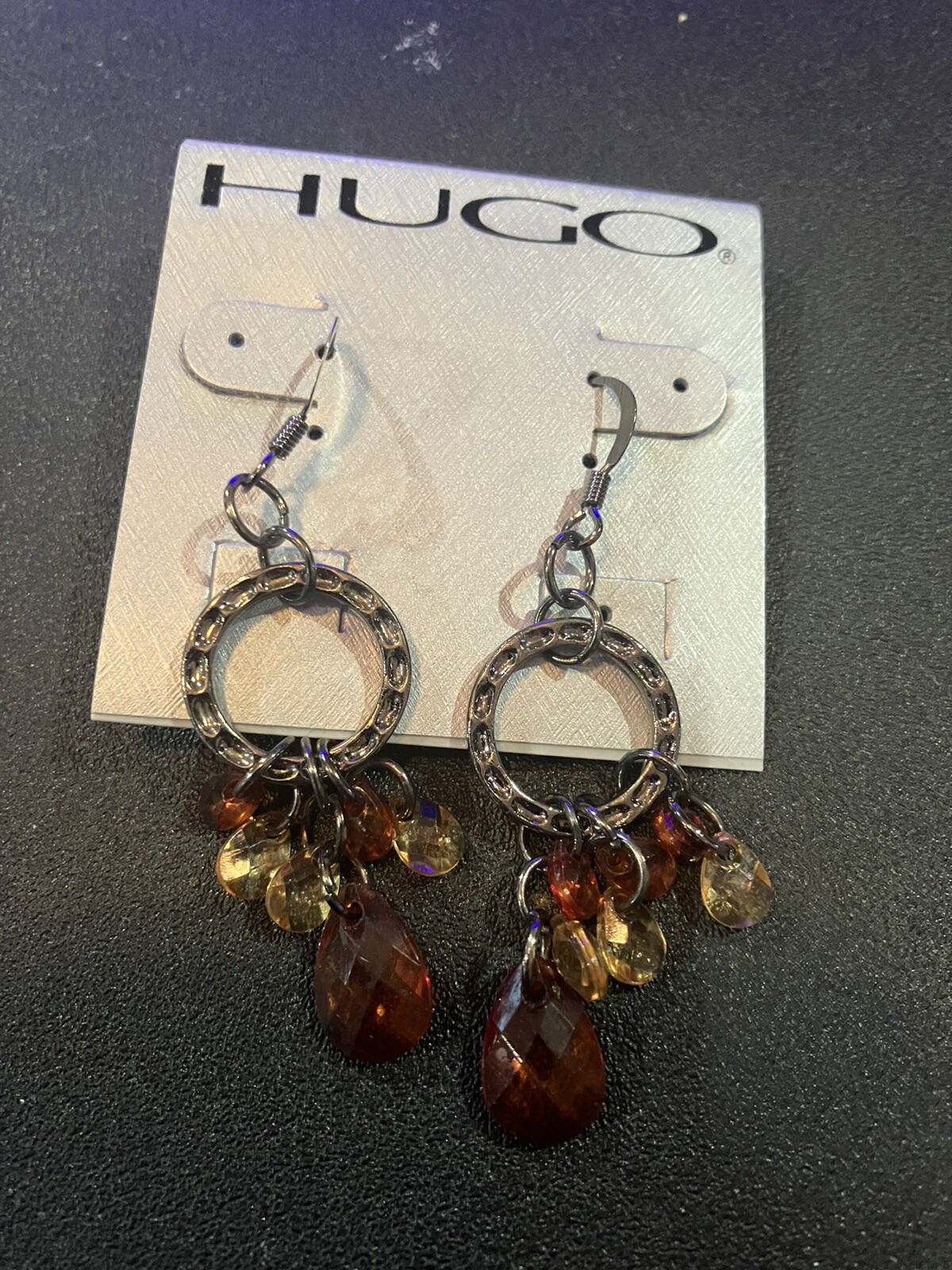 Vtg Earrings Golden Brown Amber Glass Dangle Hoops Teardrop Faceted DWK Jewelry