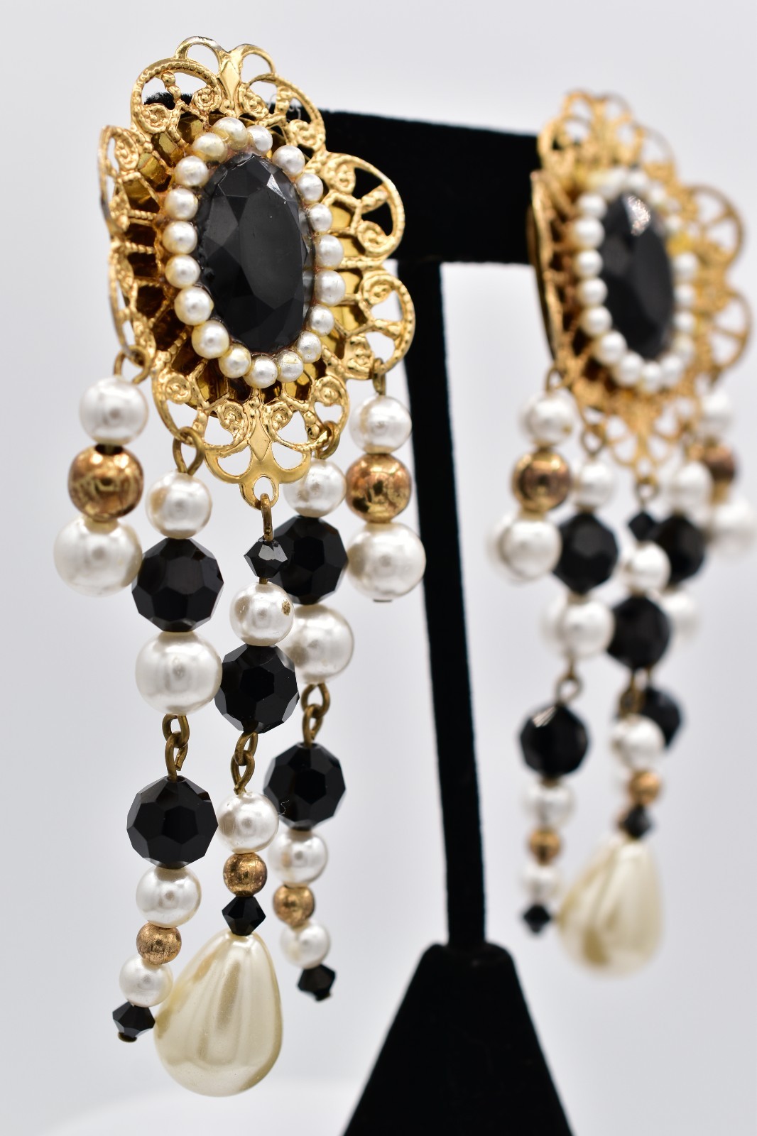 Jacklynn Vintage Beaded Fringe Clip On Earrings Black Crystal Pearl Gold BinBF