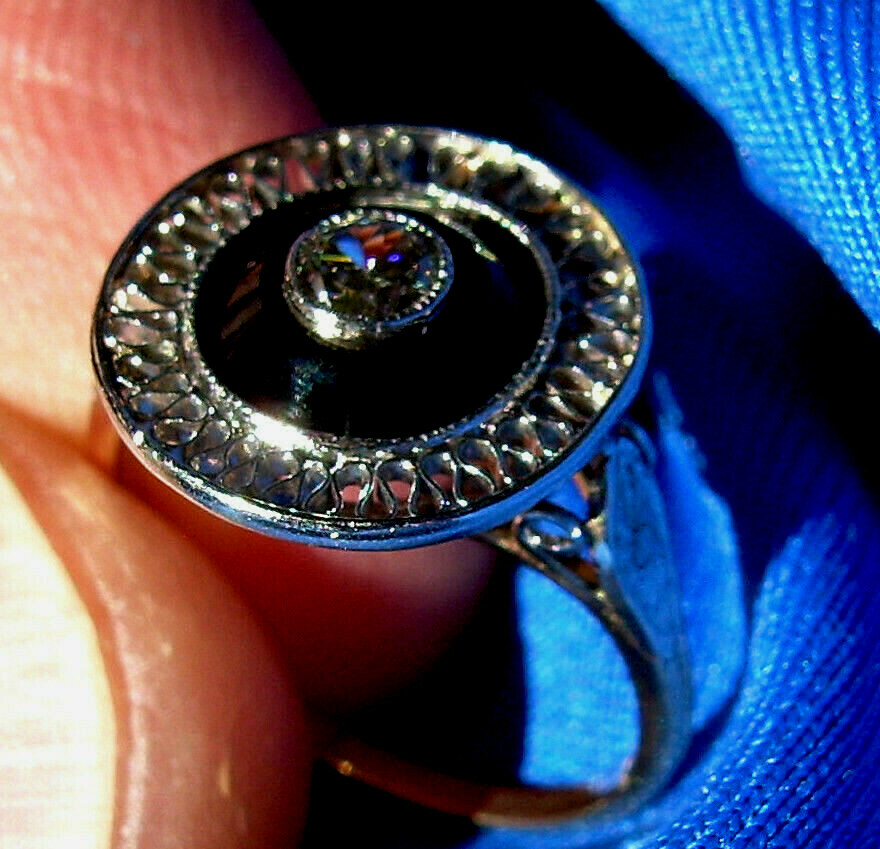 Original EARTH MINED DIAMOND Onyx Deco Engagement Ring Antique PLATINUM Filigree