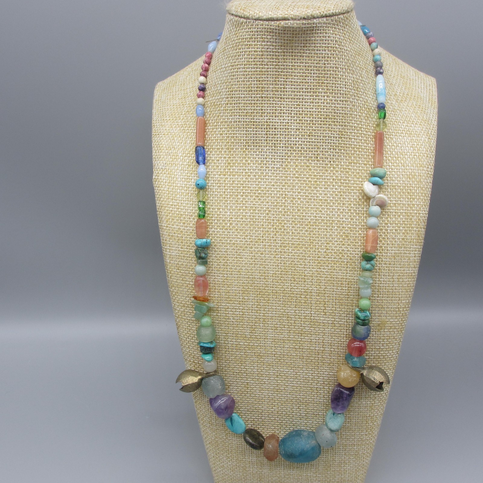 Vintage Stone Necklace Beaded 2 Bells Multicolor 24 Inch