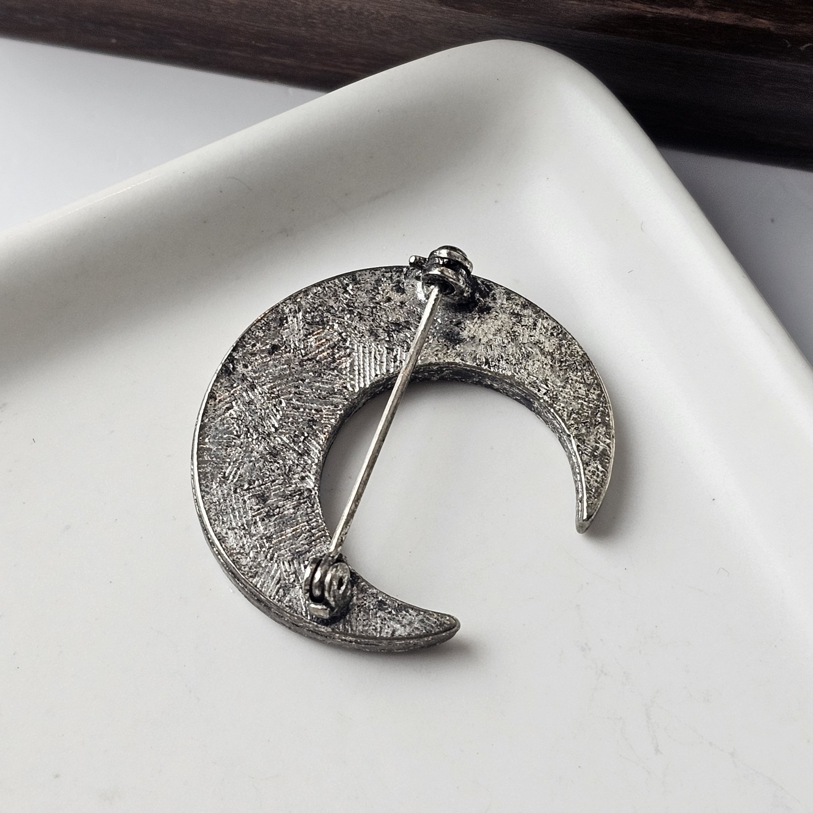 Vintage Silver Tone Rhinestone Enamel Crescent Moon & Star Brooch
