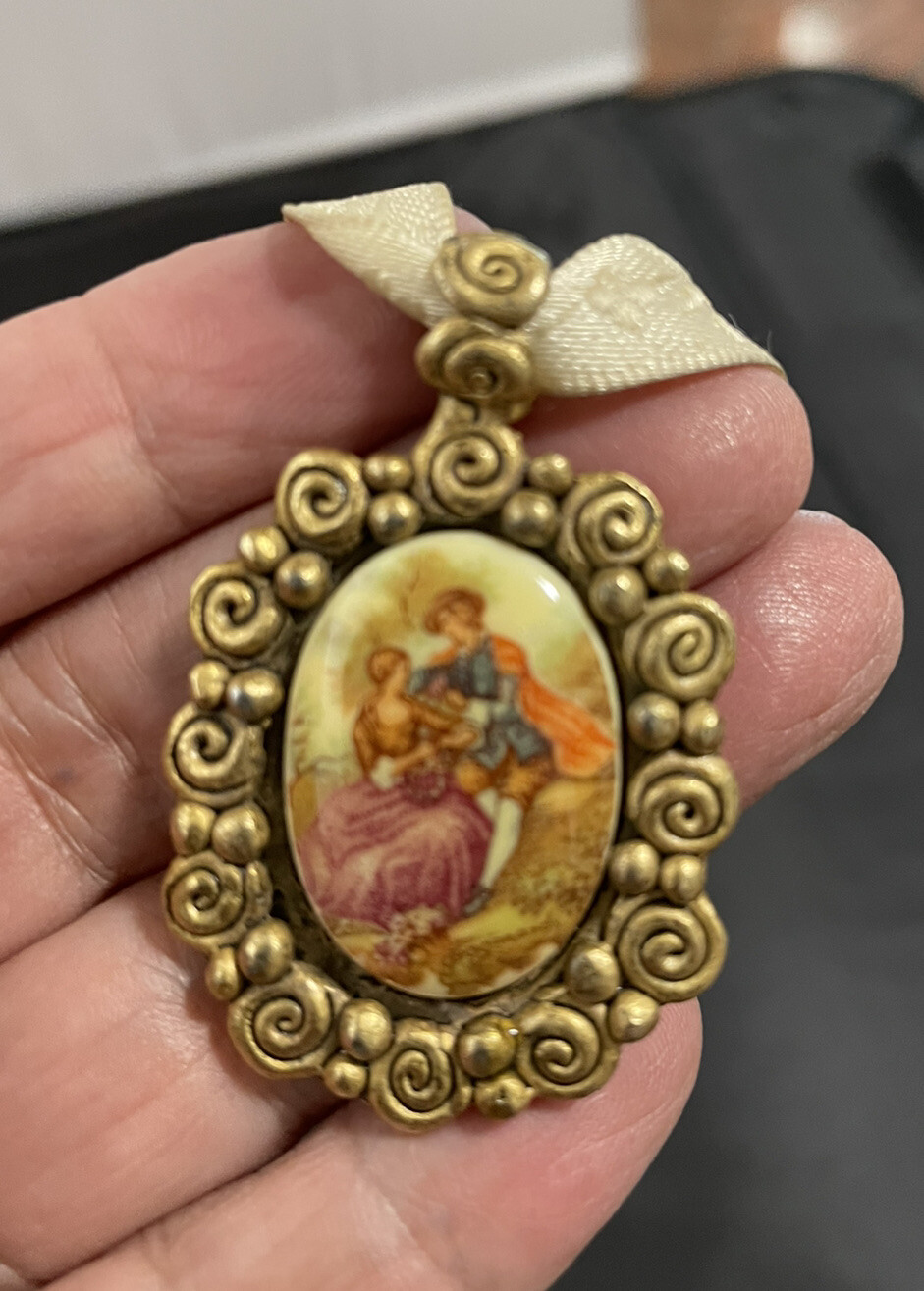 Vtg Chocker Hand Painted Victorian Lovers Porcelain Pendant EH Eivind Hillestad