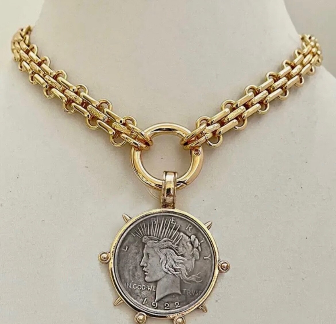 Dual Sided Statement large vintage coin pendant with chunky chain.