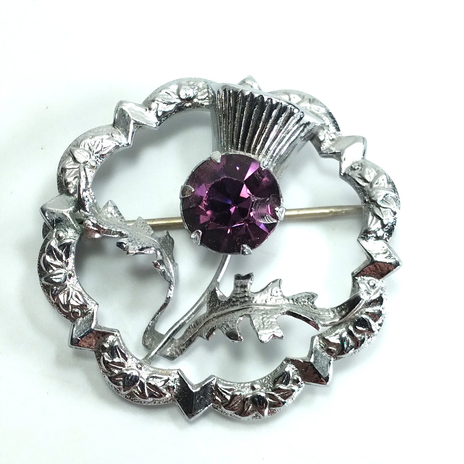 English Amethyst Rhinestone Thistle Brooch Silver Tone Wreath 1.5 in. by MIRACLE