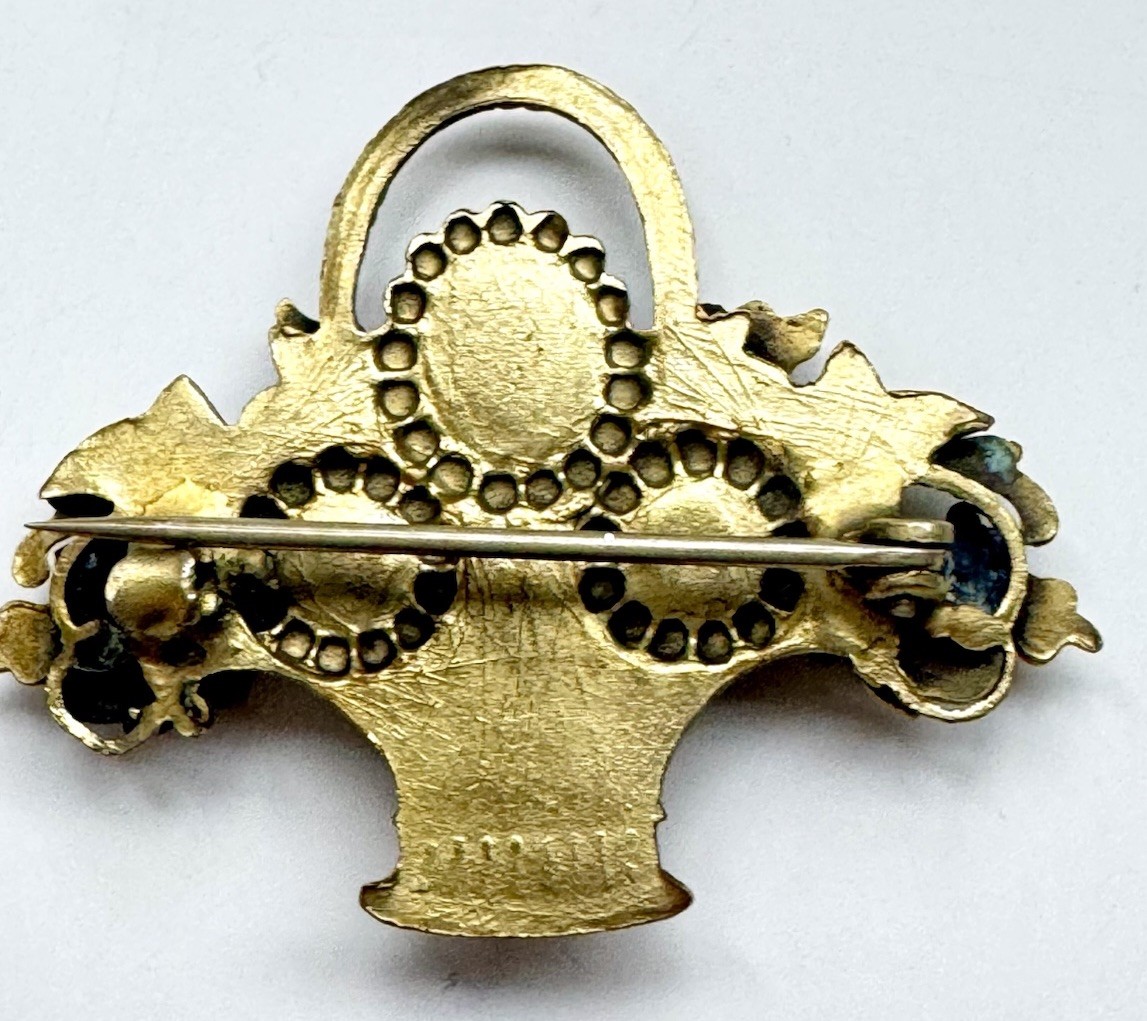 Vintage Unsigned Gold Tone Flower Basket Brooch Blue Green Red Rhinestone Pin