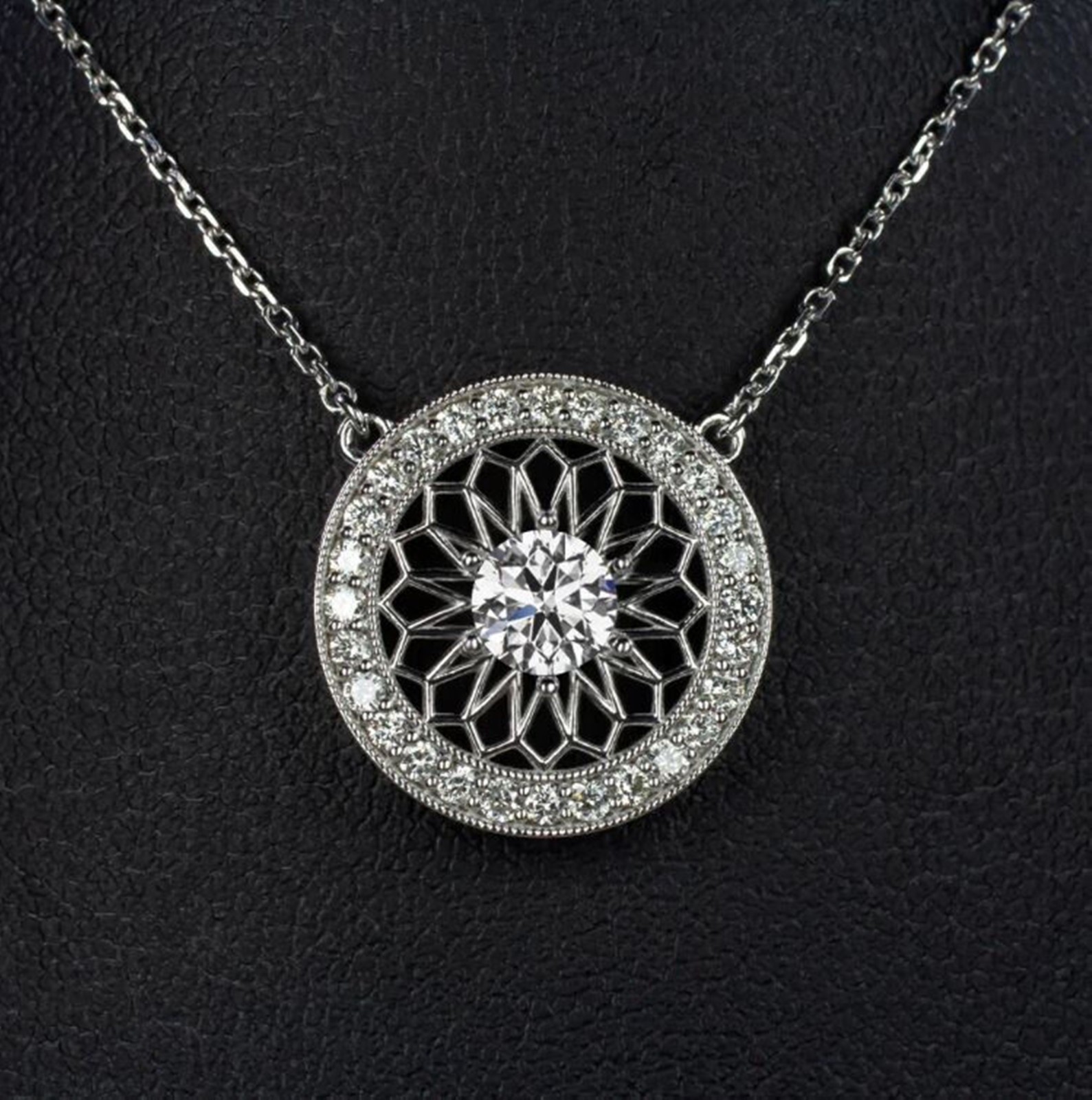 Round Moissanite Stone 925 Silver Art Deco Filigree Engagement Pendant Necklace