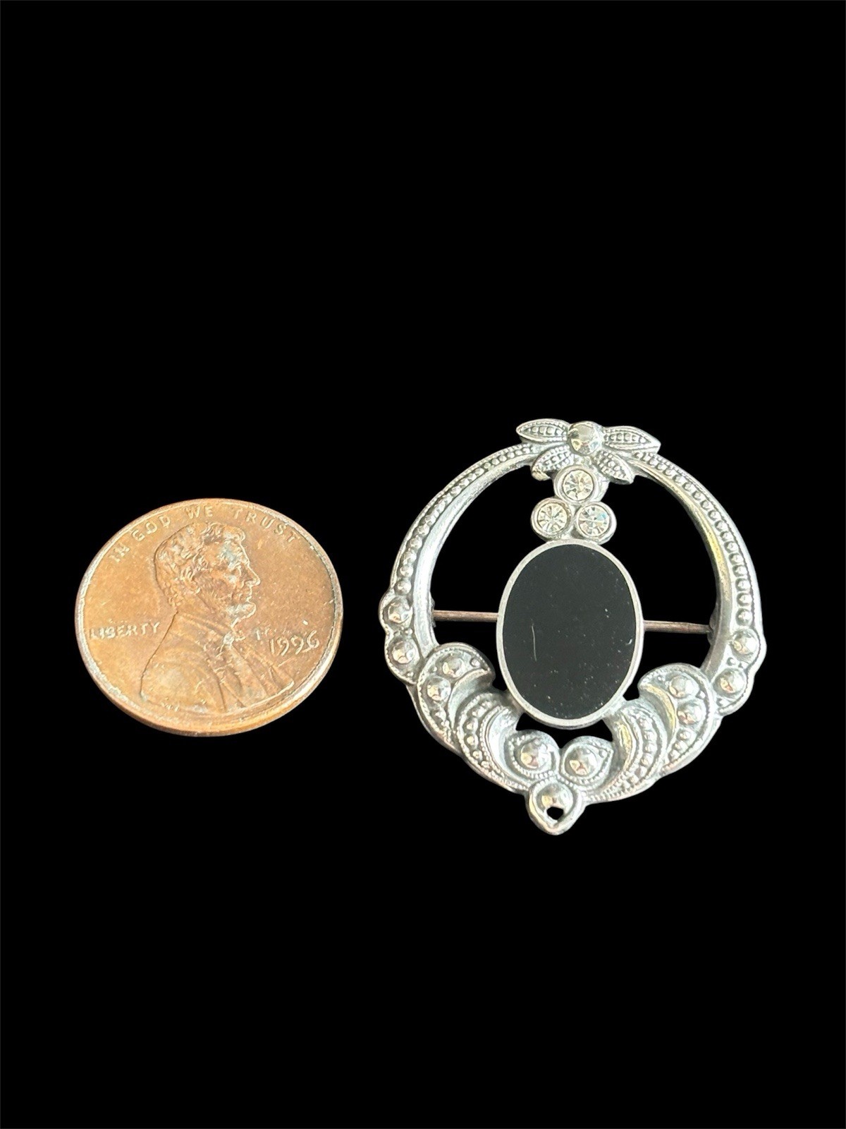 Vtg Reproduction Victorian Mourning Brooch Sterling Silver Black Onyx Rhinestone