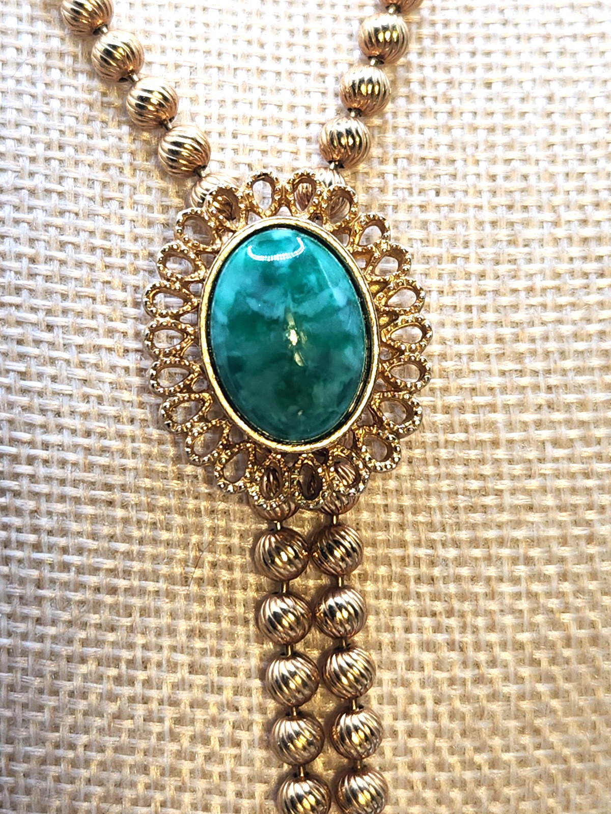 Vtg. Avon Gold Tone Faux Turquoise Lariat Bolo Necklace Adjustable Tassels 38″
