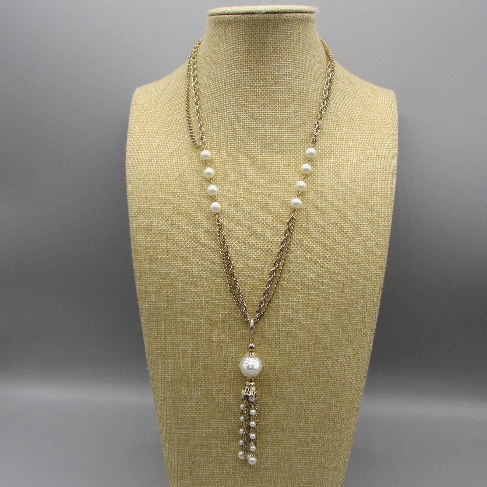 Vintage Tassel Necklace MCM Simulated Pearl Gold Tone 22 Inch