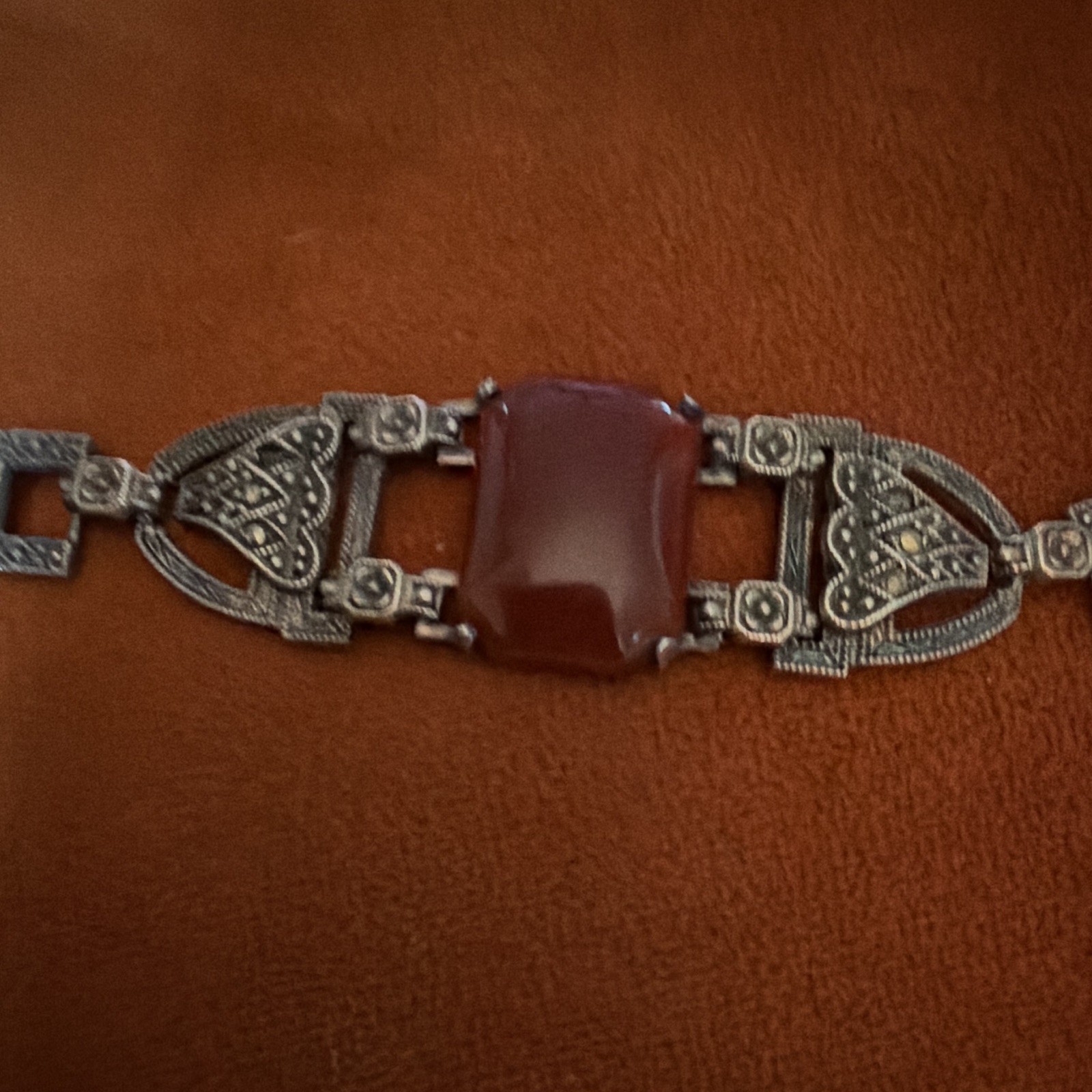 Vintage Art Deco Sterling Silver Carnelian Marcasite Panel Link Bracelet 1930s