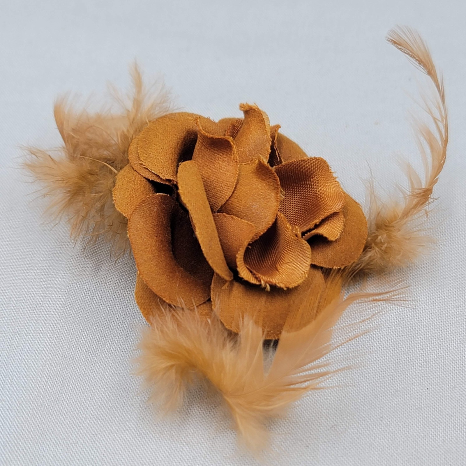 Vintage Golden Brown Fabric & Feather Flower Brooch Clip Pin 3″