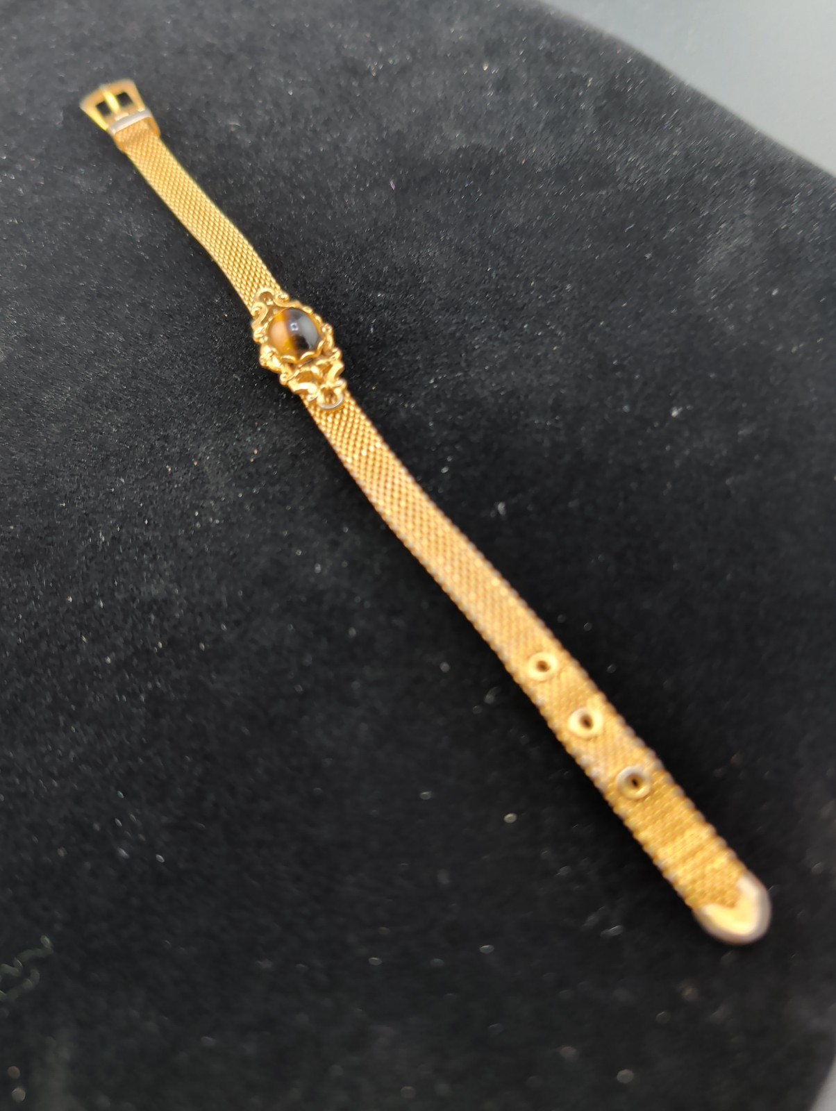Vtg Gold Tone Mesh Buckle Bracelet Tiger’s Eye Cabochon Victorian Revival 1960s