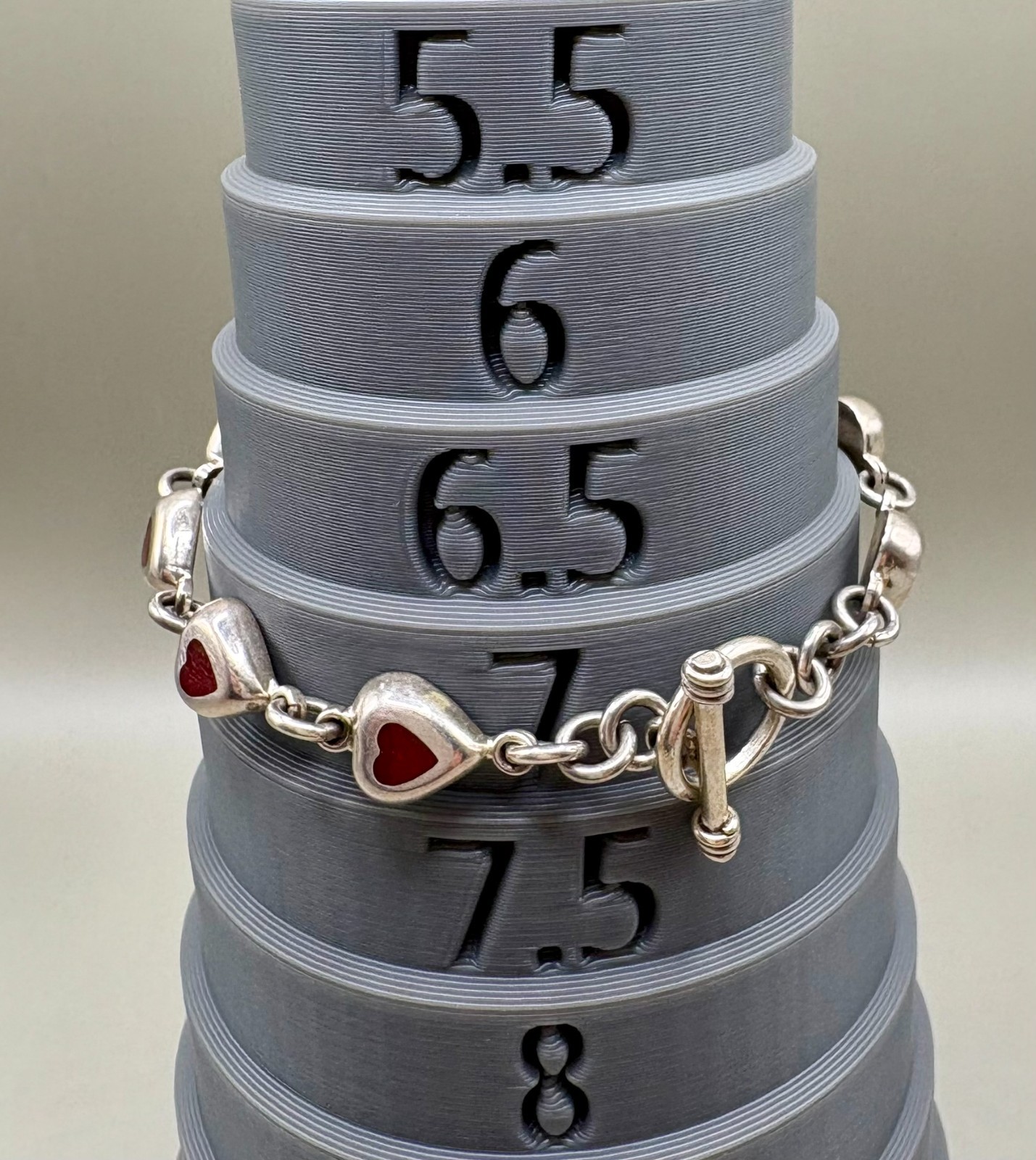 Vintage Sterling Silver Red Enamel Heart Link Bracelet 7.5″ Toggle Clasp 925 15.