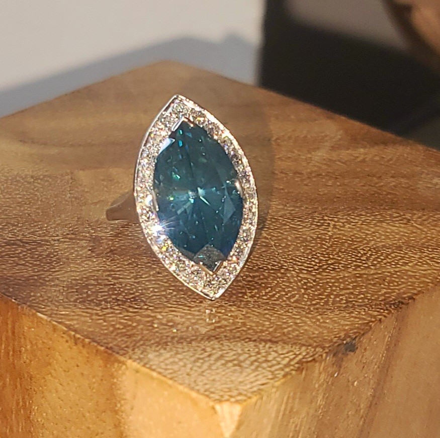 Vintage Platinum Engagement Ring 7.88ct.Natural Teal Blue Marquise Diamond