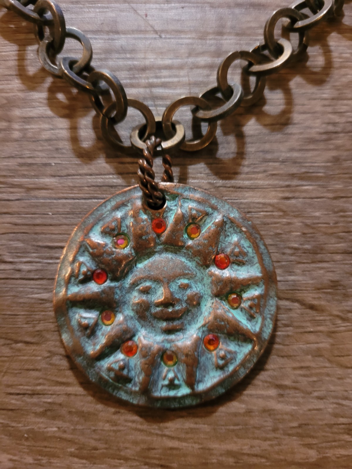 Signed Chicos Aztec Tribal Brutilist Chunky Rolo Brass Chain Unisex Rhinestone
