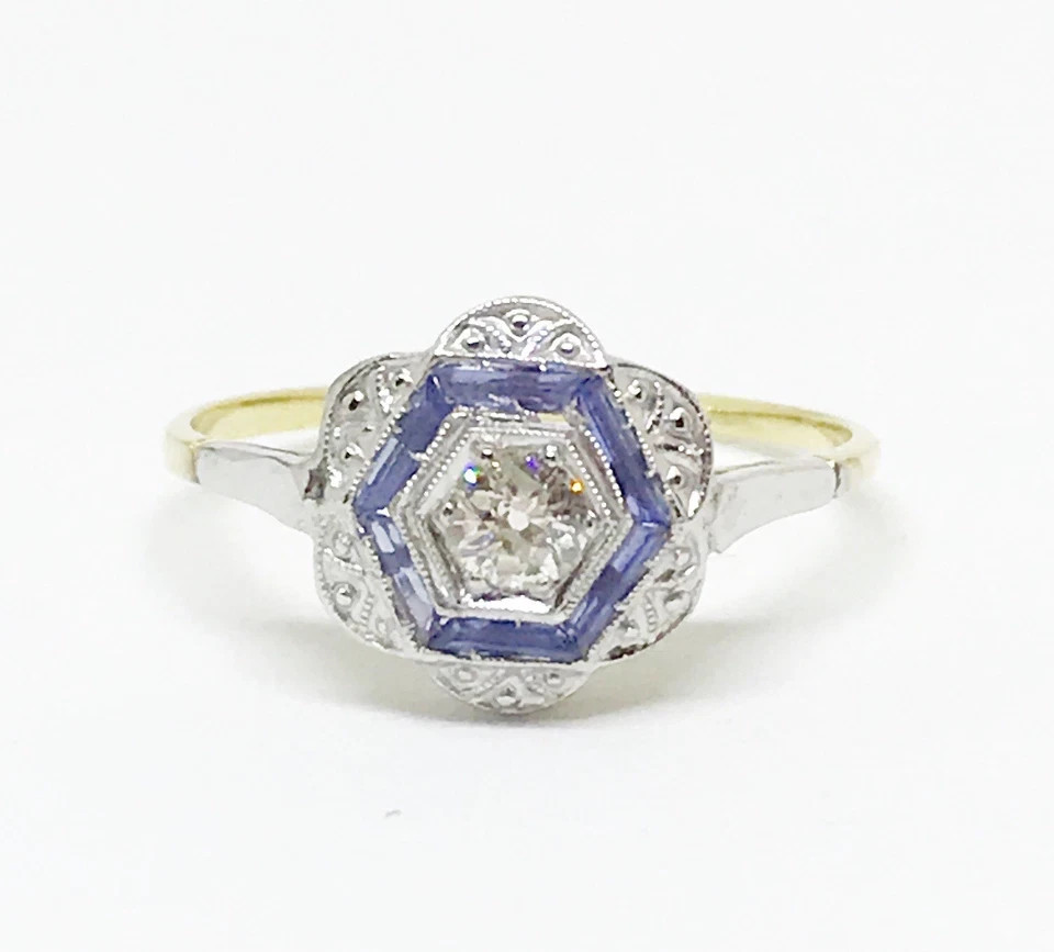 Art Deco Style Lab Created Diamond & Sapphire Anniversary 14K Gold Finish Ring
