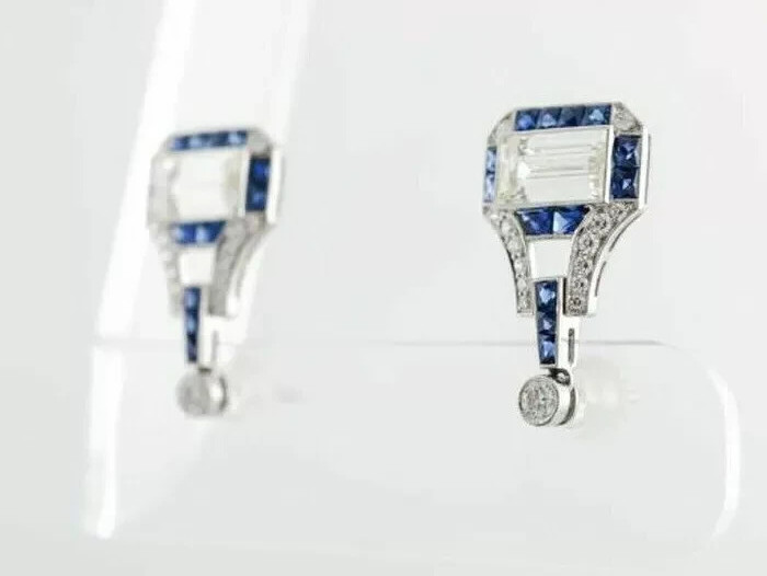 Art Deco Style Lab Created Diamond & Sapphire Wedding 14K White Gold FN Earrings