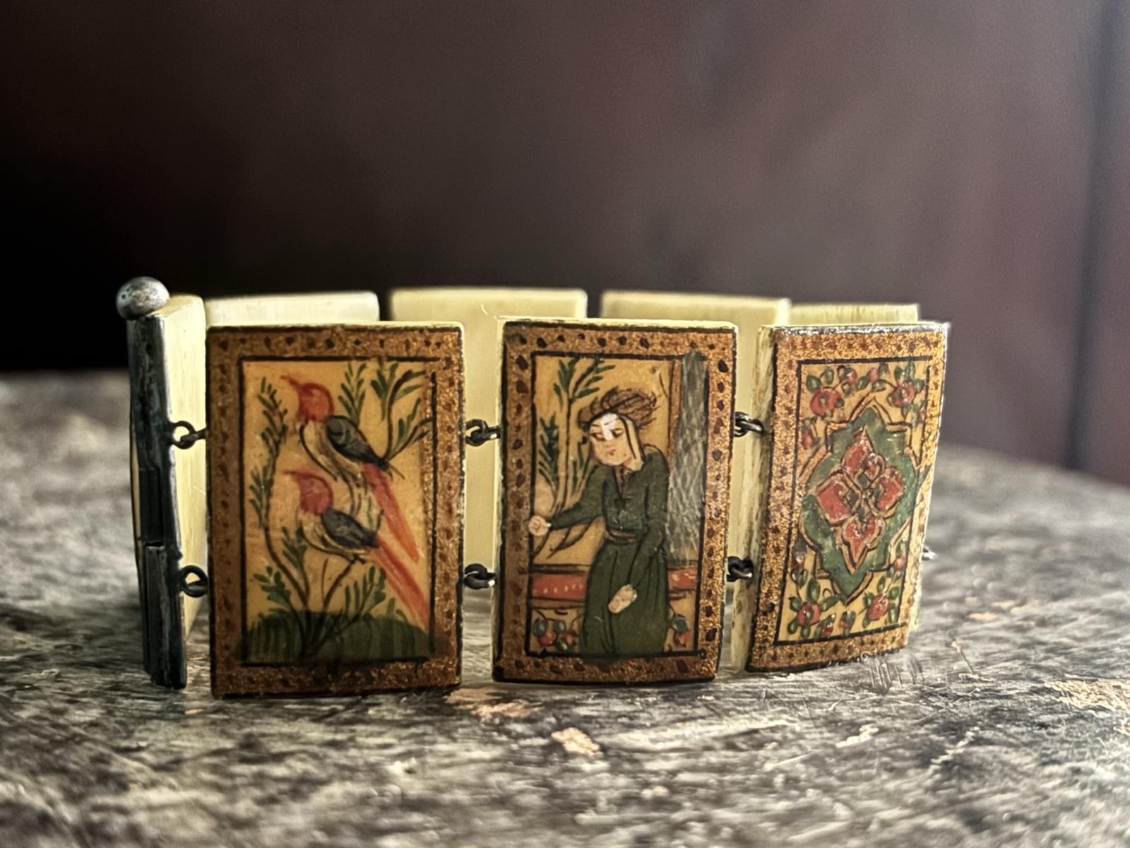Antique Persian Hand Painted 8-Panel Story Bracelet on Bone Pin & Barrel Lock