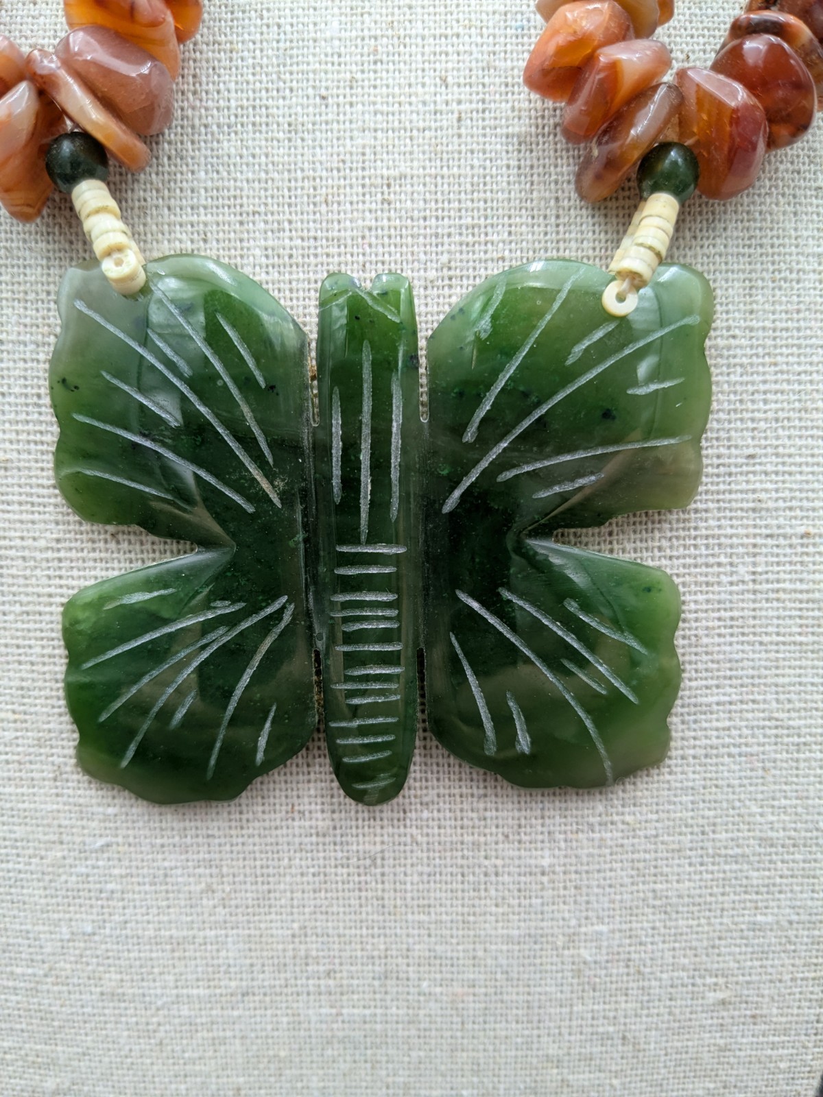 Vintage Jade and Carnelian Butterfly Pendant Statement Necklace