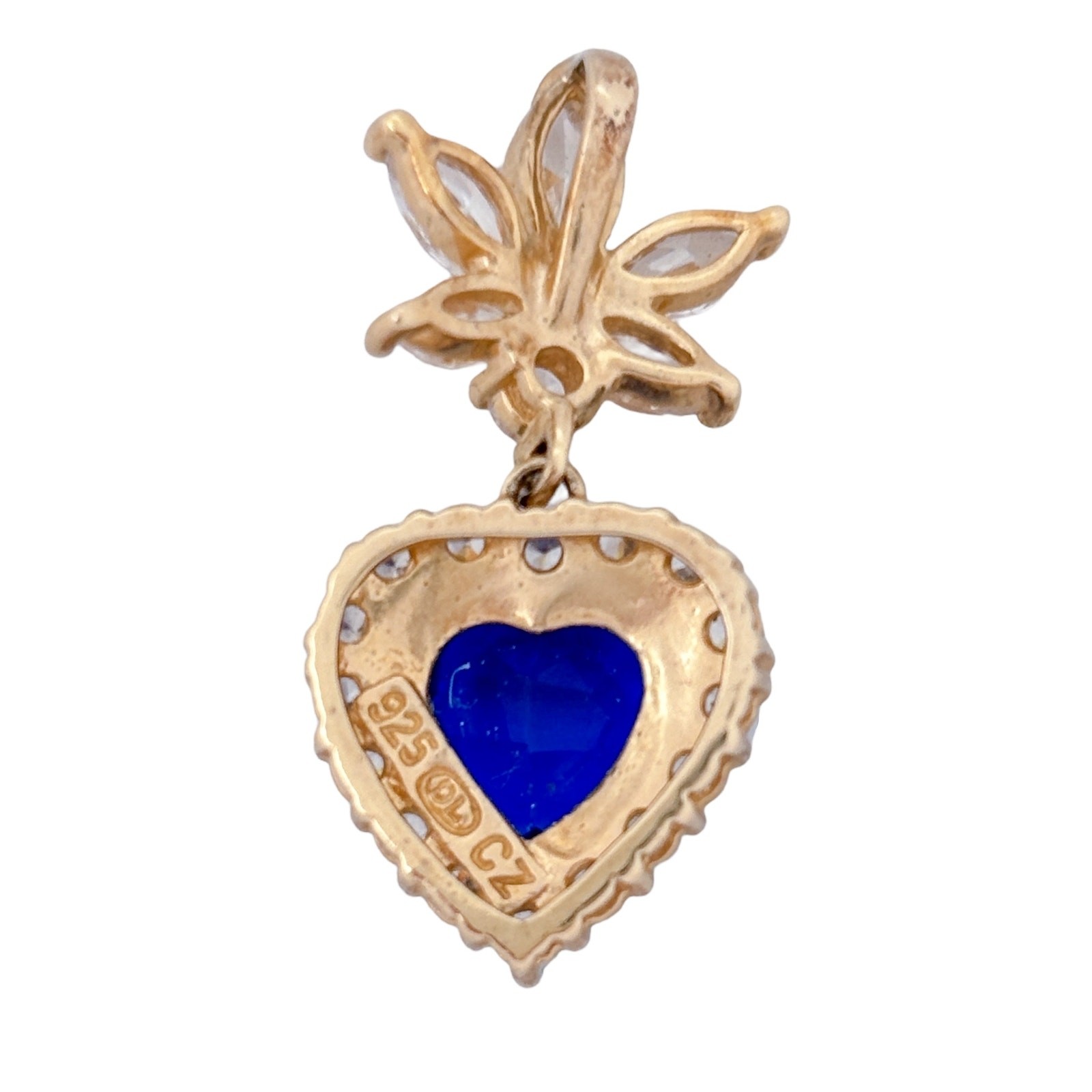 Vintage Gold-Plated Sterling Silver 925 White Blue Heart Cubic Zirconia Pendant