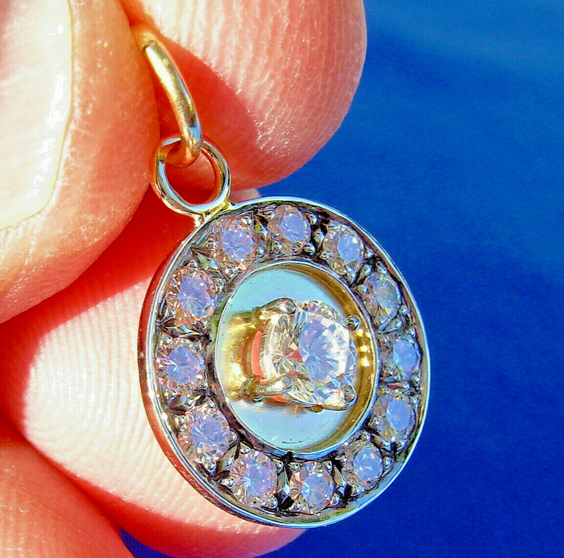 Original EARTH MINED DIAMOND Deco Pendant Vintage Halo SOLID 14K GOLD Medallion