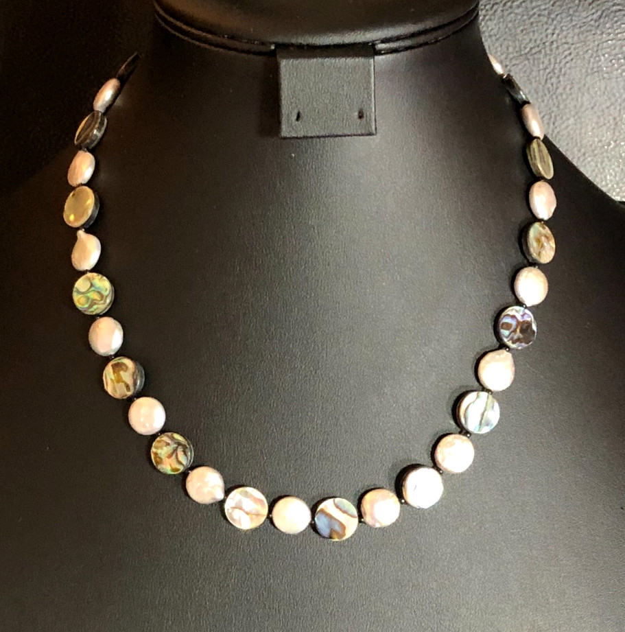 Vintage Silver Freshwater Coin Pearl Abalone Shell Disk Bead Necklace 925 P1