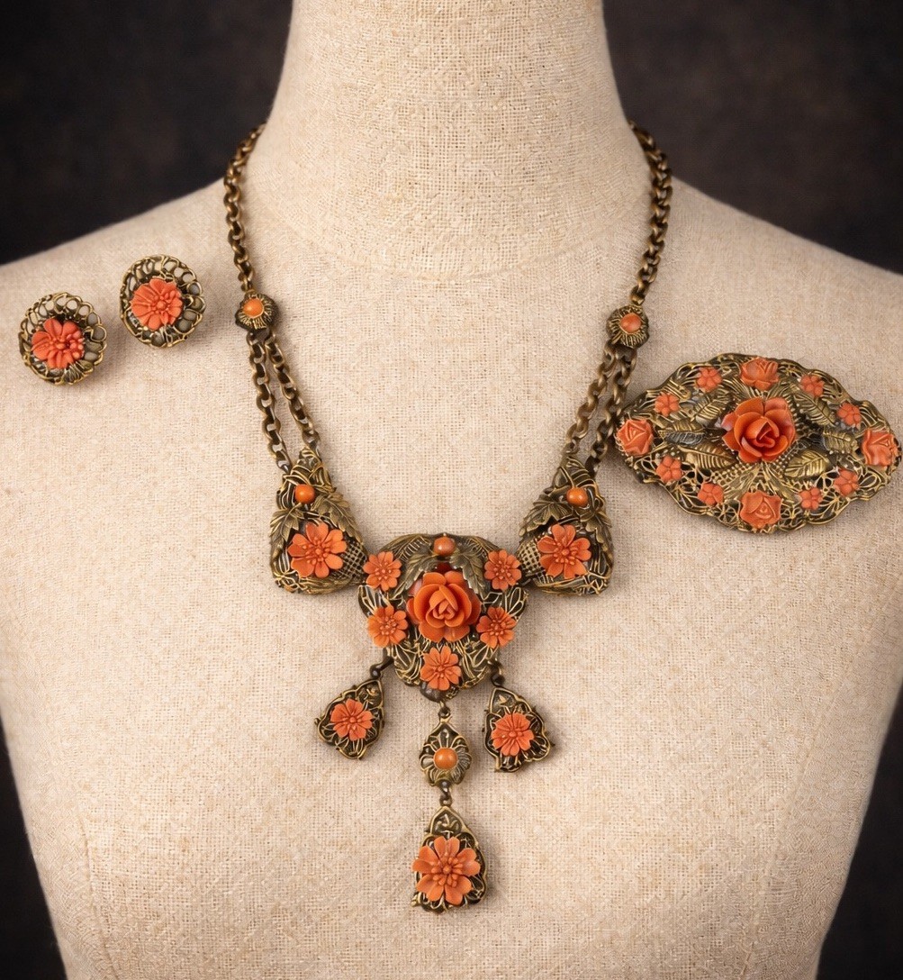 Coral Color Celluloid Flower Filigree Necklace Brooch Earring Set Art Deco Czech