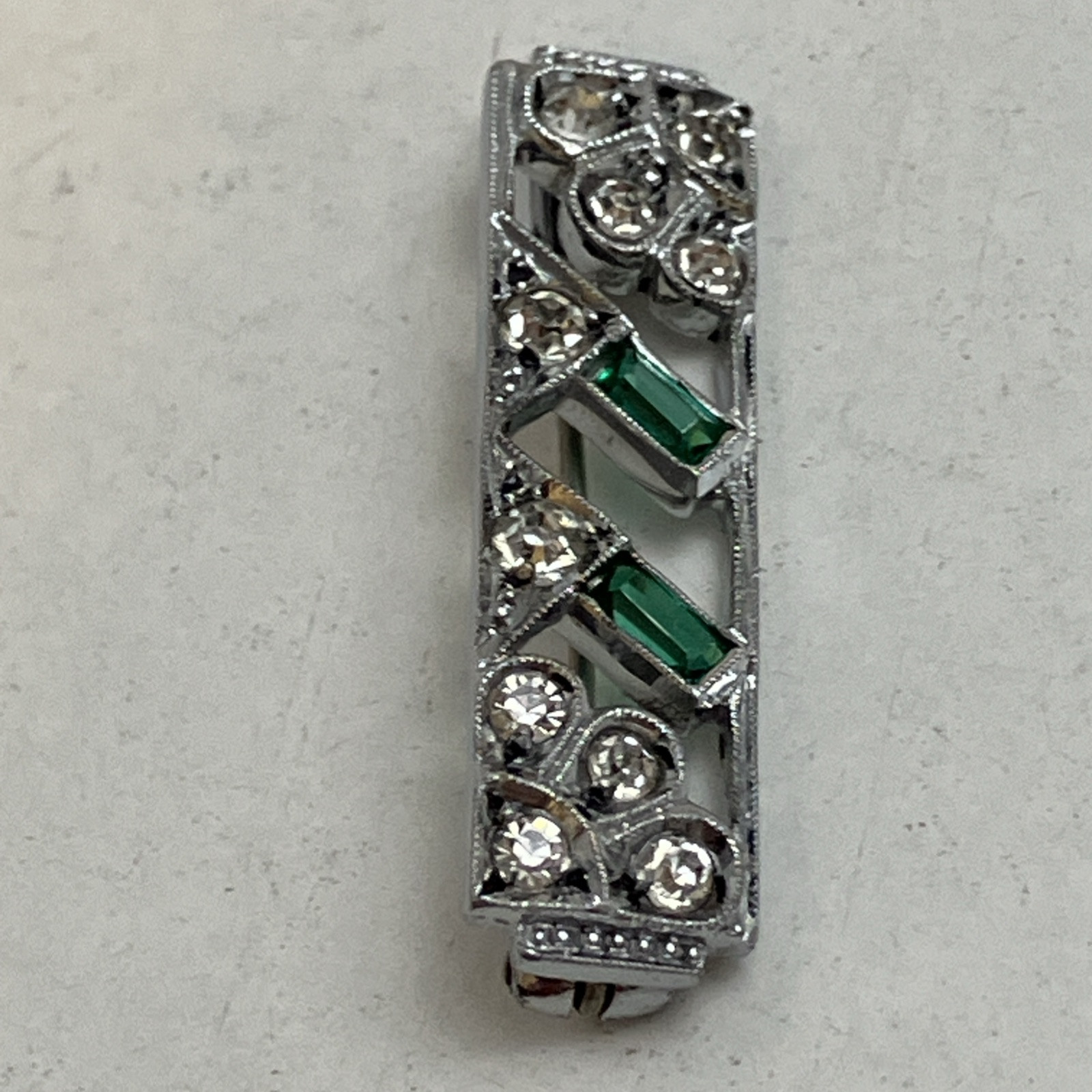 Reproduction Art Deco Green & White Rhinestone 1.25” Rectangular Pin