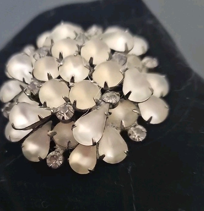 Dome Moonstone Brooch Elevated Glass Cabochon Rhinestone Pin Rhodium Plated