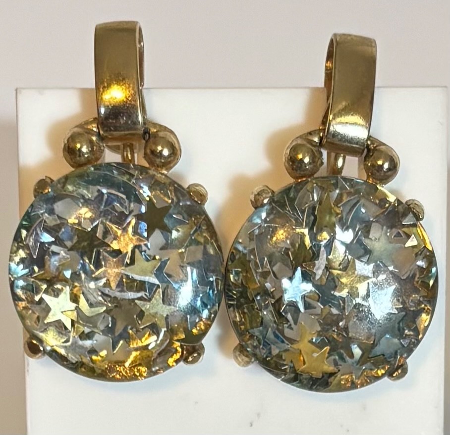 Vintage MYJS Gold-plated Drop Earrings Round Resin w Star Confetti Screw Back