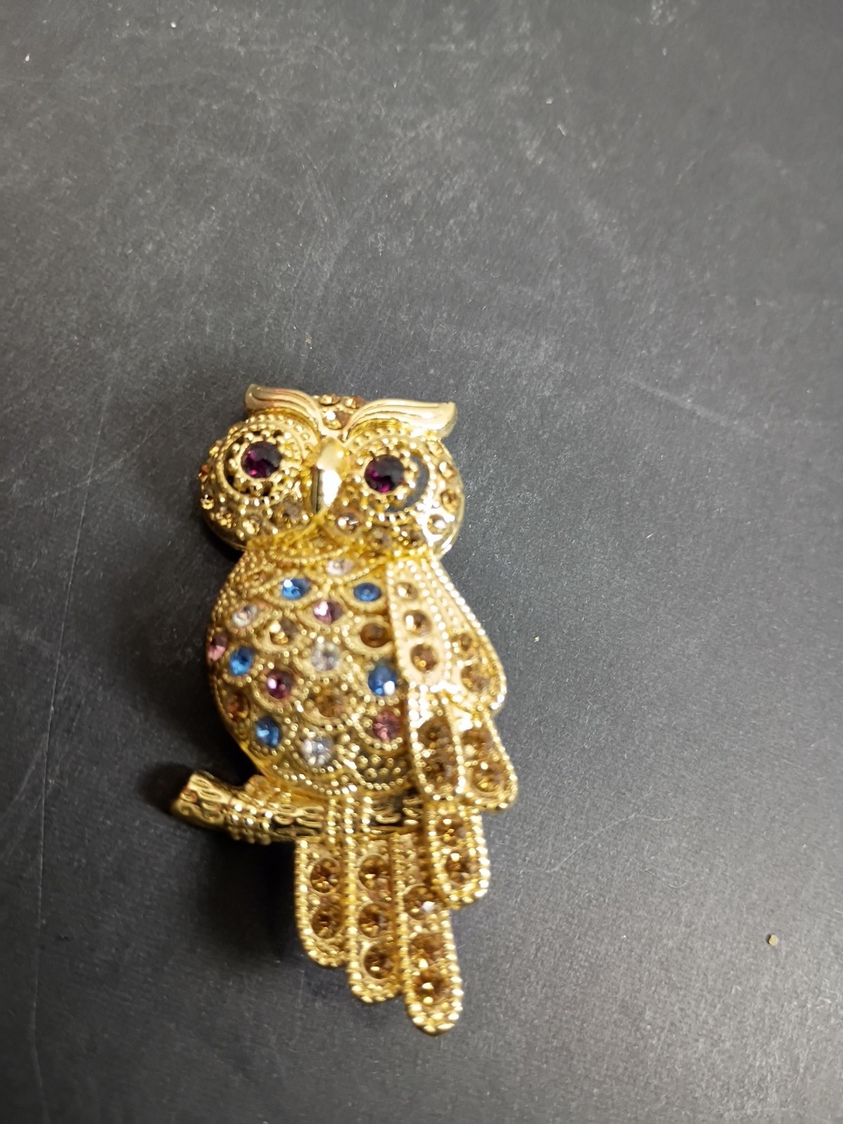 MONET Owl Brooch Gold Tone Pin With Multi Color Rhinestones