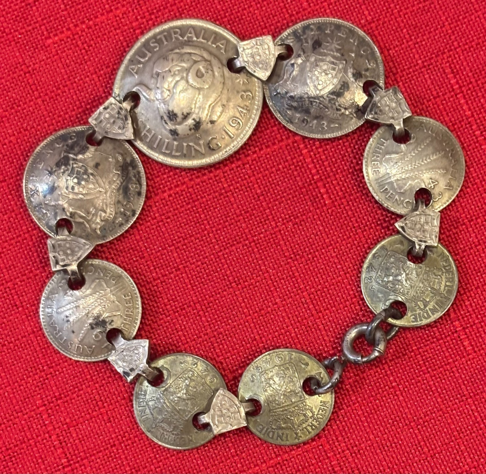 Vintage Sterling Silver 1943 Australian Coin Trench Art Charm Bracelet