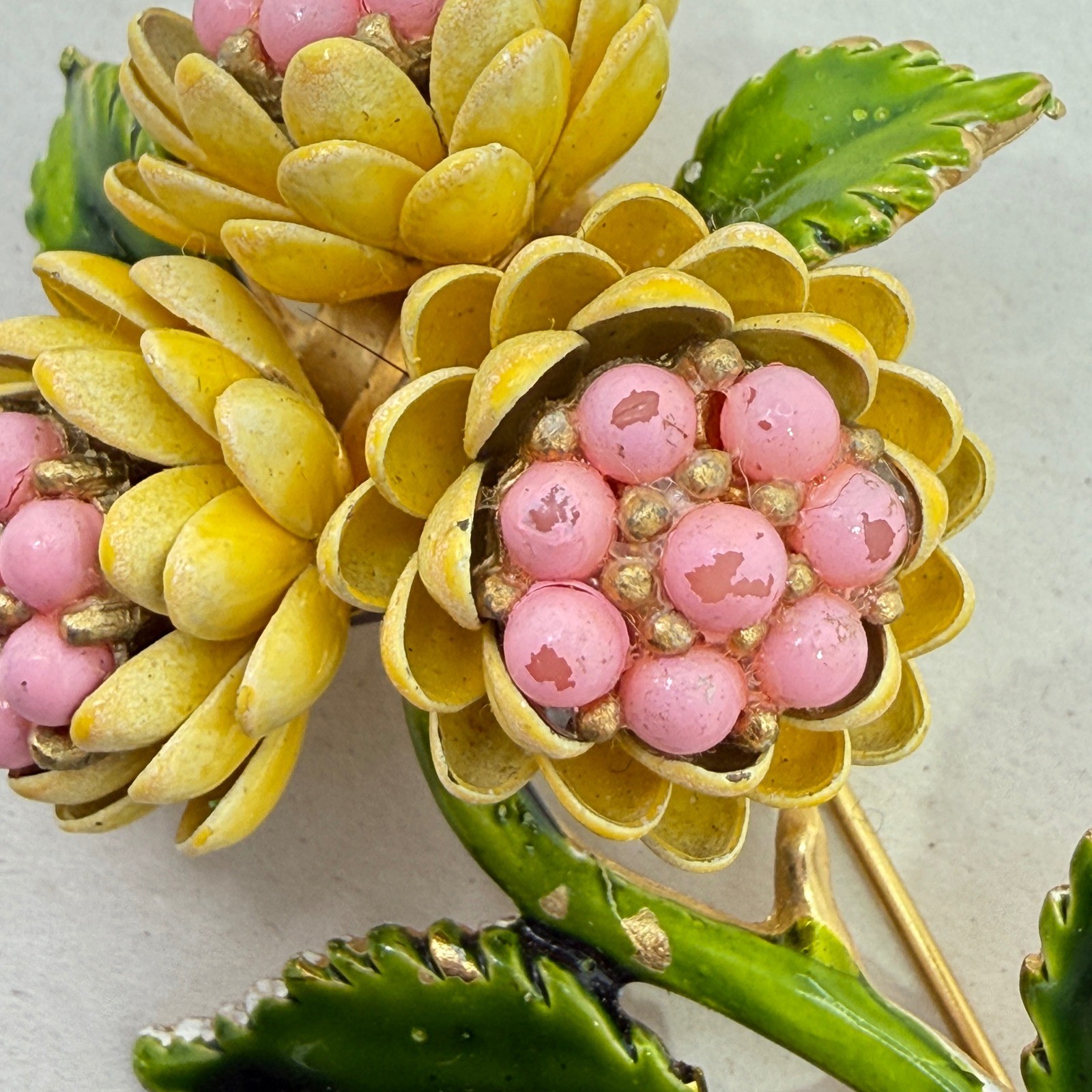 Vintage Enamel Flower Brooch Yellow Pink Green Floral Mid Century Botanical 3″