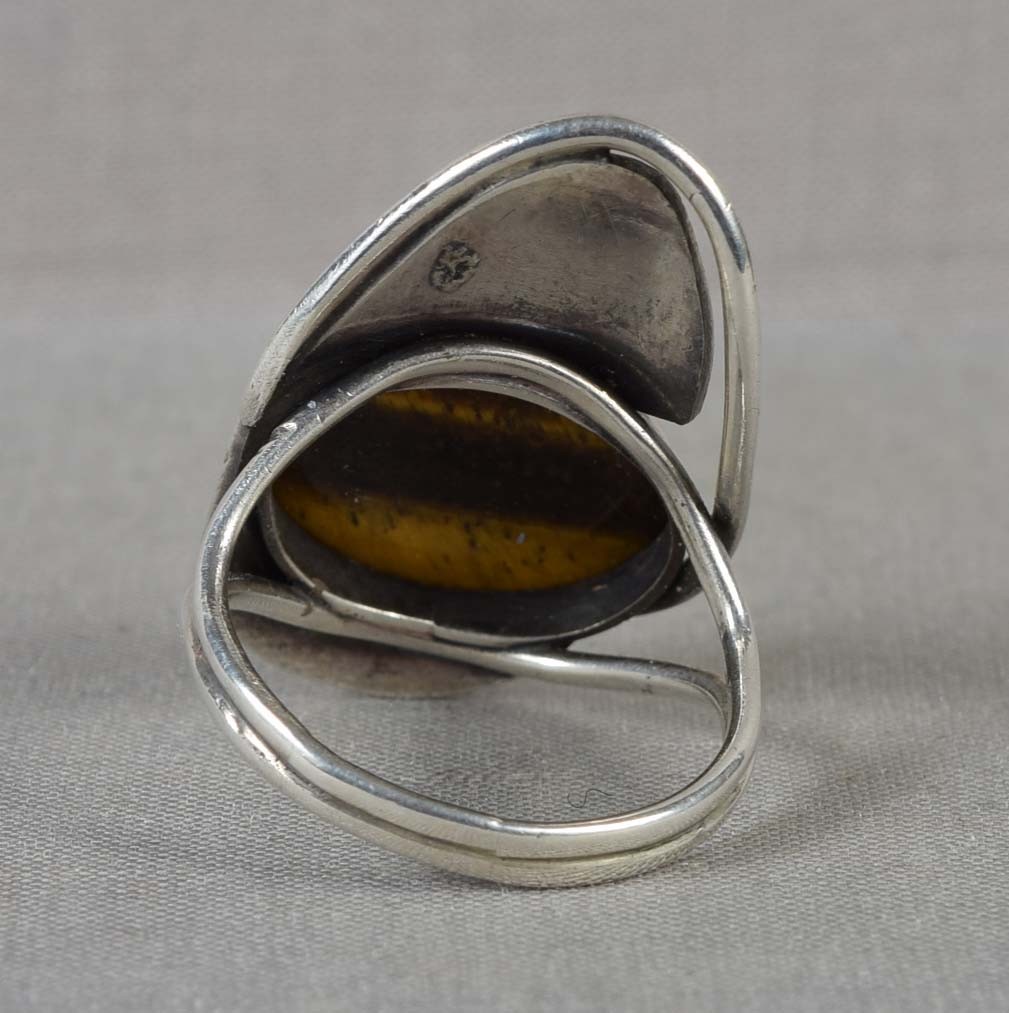 Vintage sterling silver Modernist RING tiger eye Size 8.5