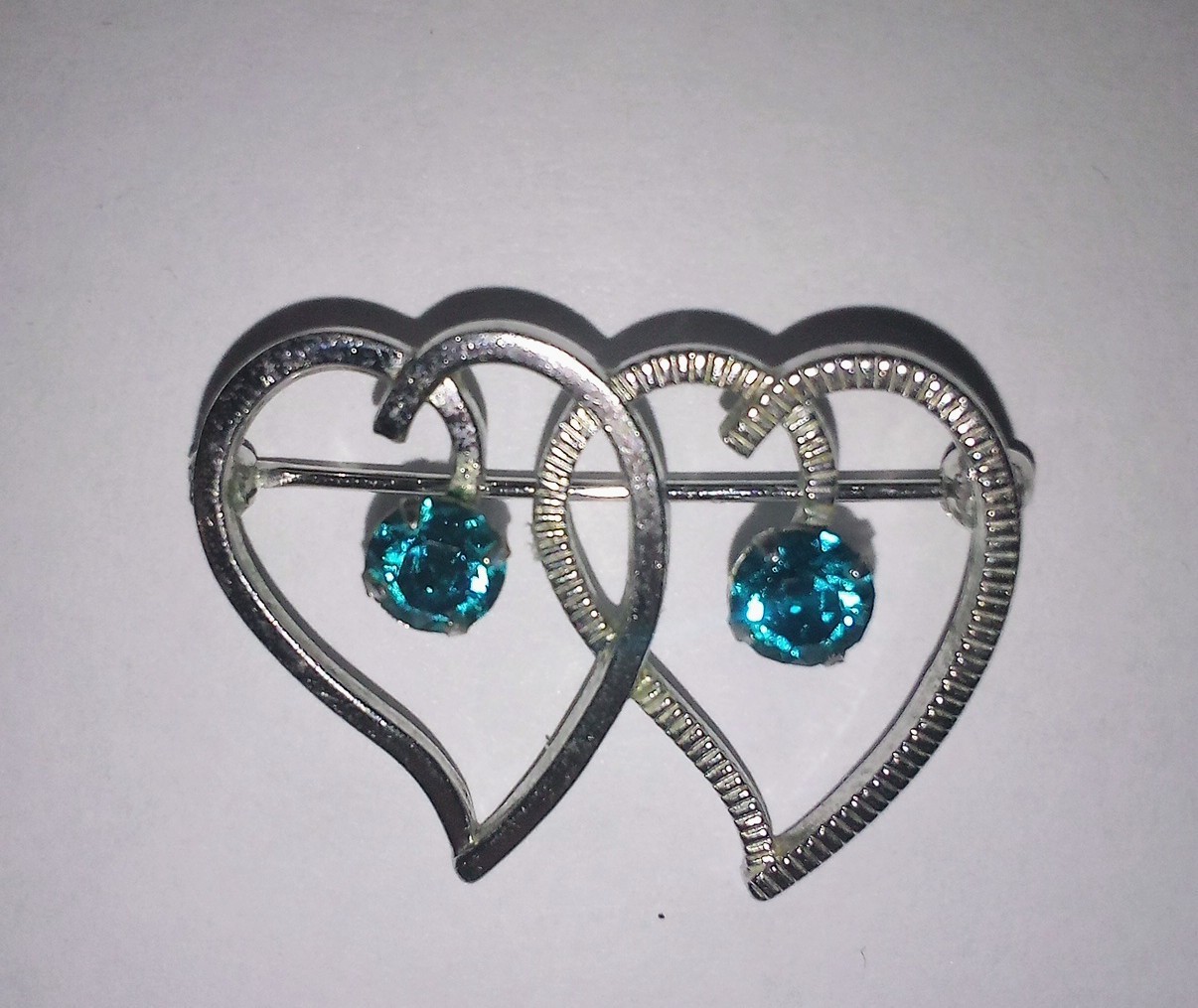 Vintage Van Dell Signed Sterling Silver Double Heart Brooch December Blue Zircon