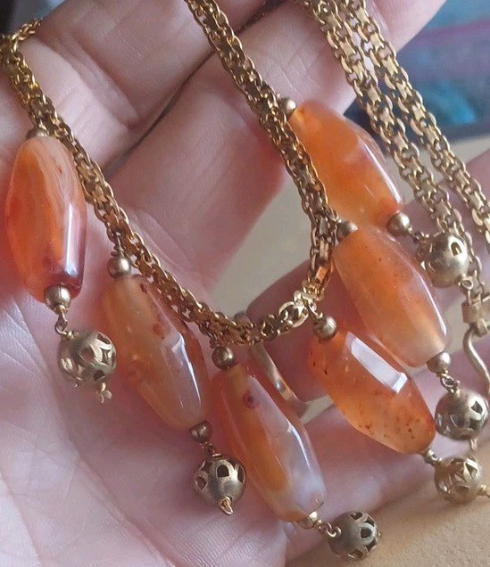 Gemstone Art Festoon Brass Booklink Chain Carnelian Bead Dangle Collar Necklace