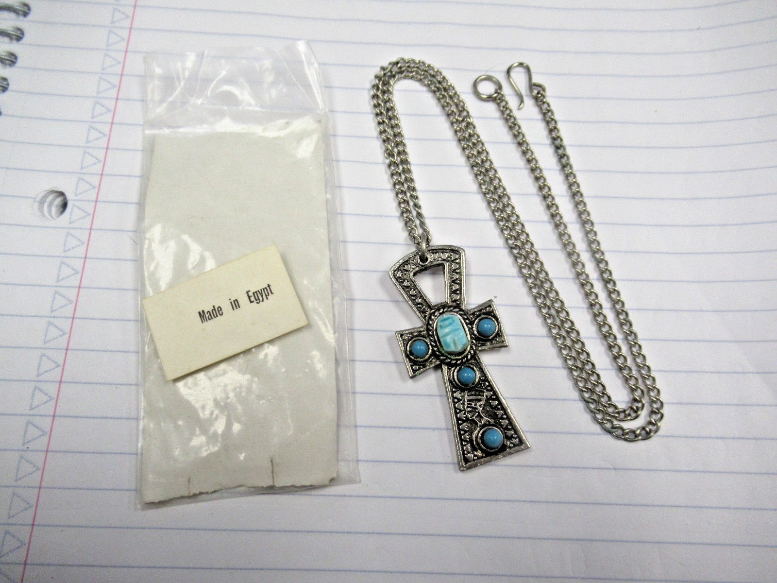 Vintage Made Egypt Egyptian Ankh Faience Scarab Costume Jewelry Pendant Necklace