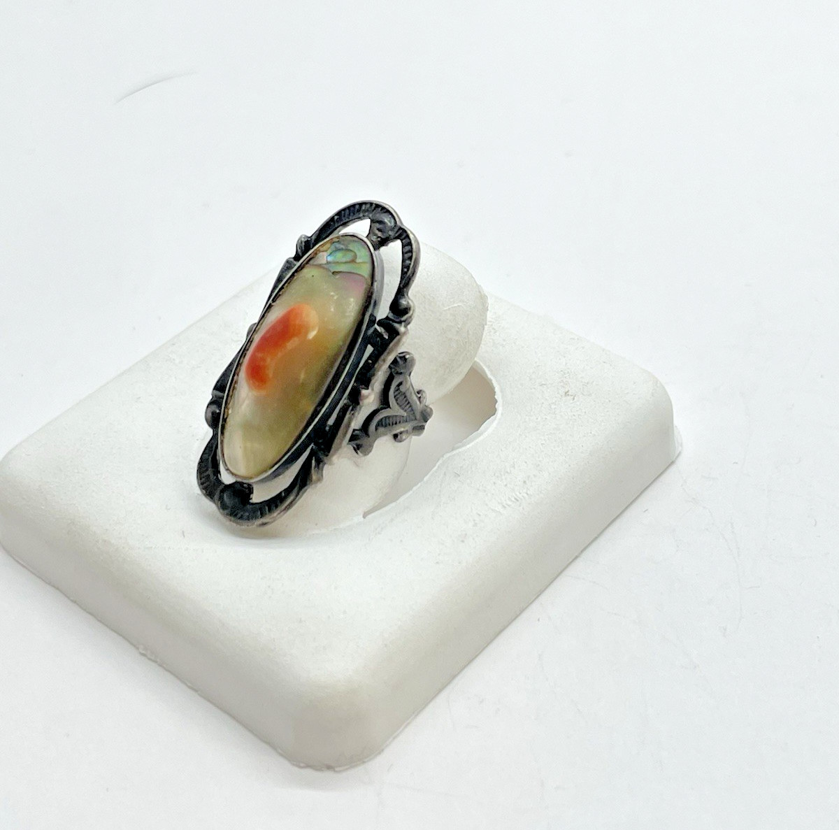 Vtg Art Nouveau Mother of Pearl Blister, Elongated Sterling Silver Ring 4.5 size