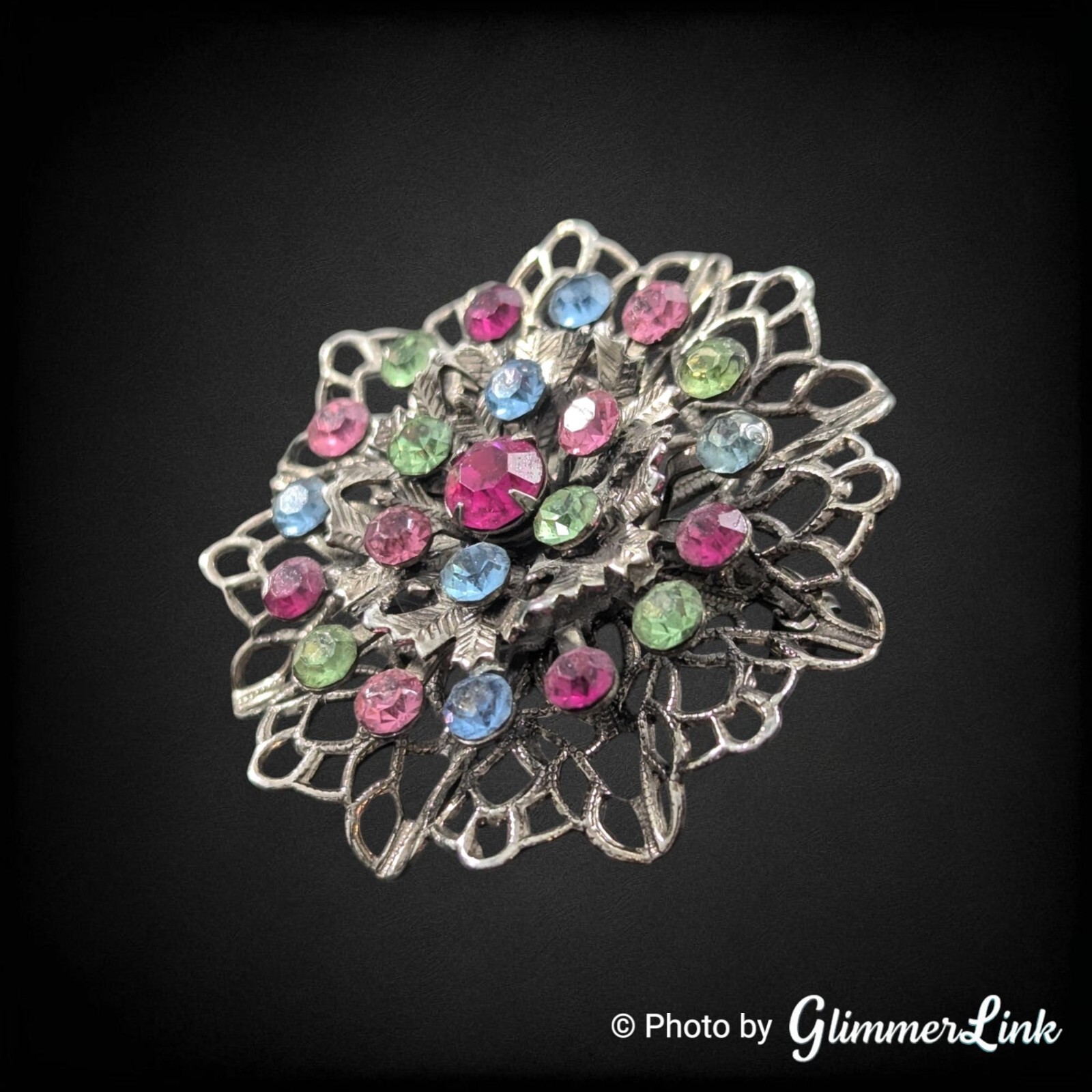 Vintage Filigree Layered Multicolor Rhinestones Floral Silver Tone Brooch