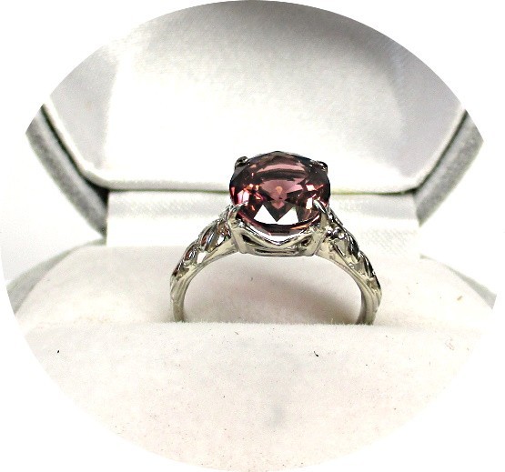 Bright Rosy-Red TOURMALINE Ring – Art Deco – 14k Solid White Gold Filigree Mtg.