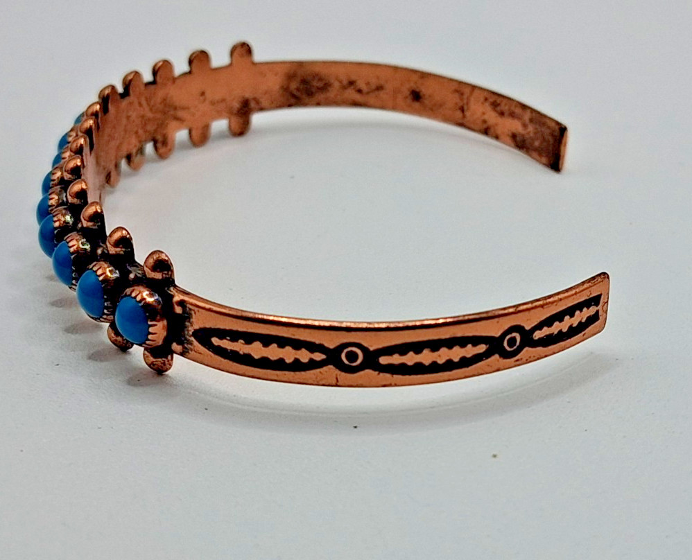 Vintage Wheeler Mfg. Copper Turquoise Cuff Bracelet 6 3/4″ 9.5mm Wide