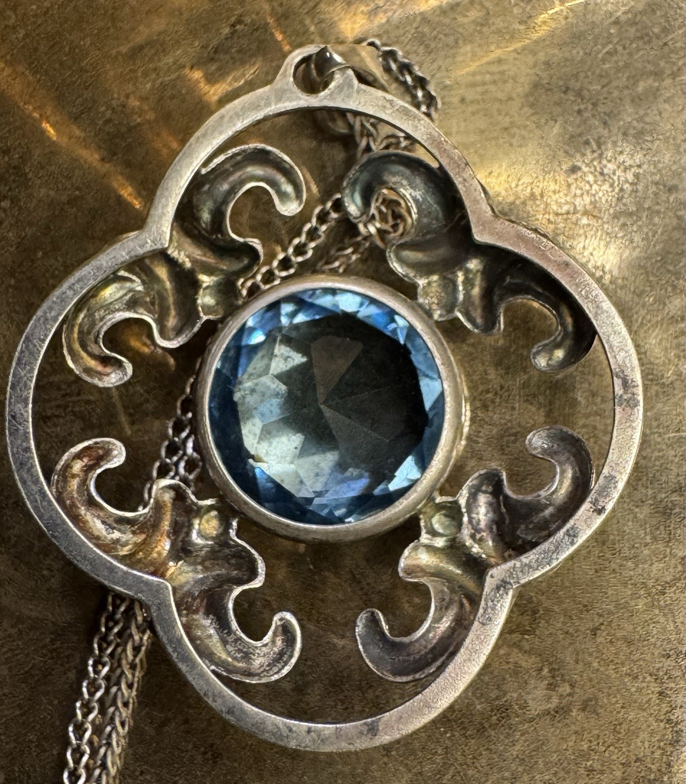 RARE Antique 835 Silver Pendant Large Blue Cut Stone & 835 Necklace Art Nouveau