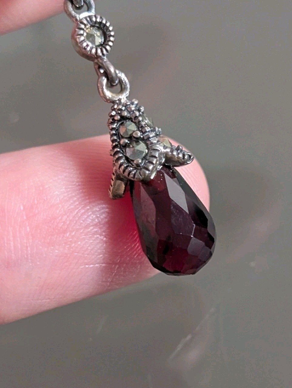 Vintage Unused W/Box Sterling Silver Garnet & Marcasite Station “Y” Necklace