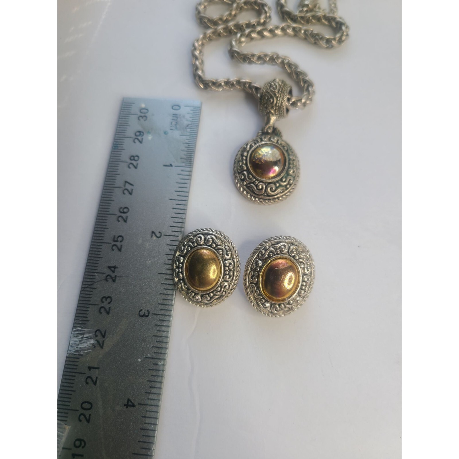 Vintage Avon Bohemian Silver & Gold Tone Jewelry Set Necklace & ClipOn Earrings